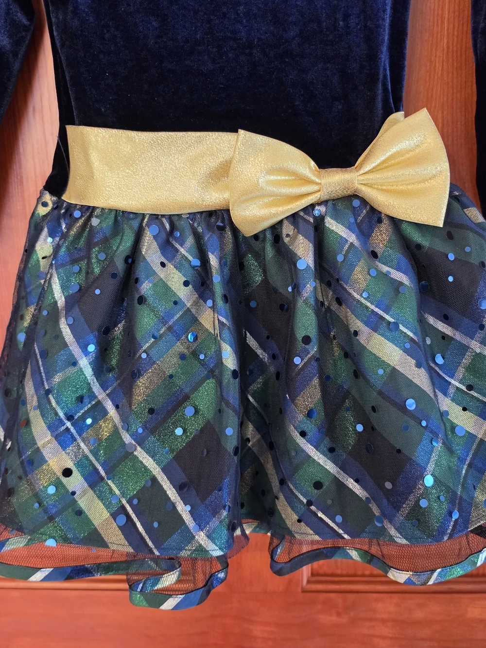 Bonnie Jean Girls Size 5 Navy Velvet Plaid Dress Gold Bow Long Sleeve